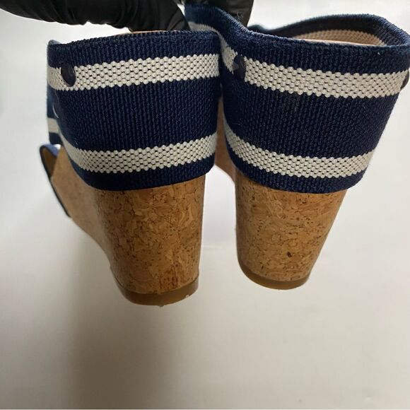 Lucky Brand Miller 2 wedge cork heel sandals navy blue strip strappy slip on 9M - Picture 8 of 13